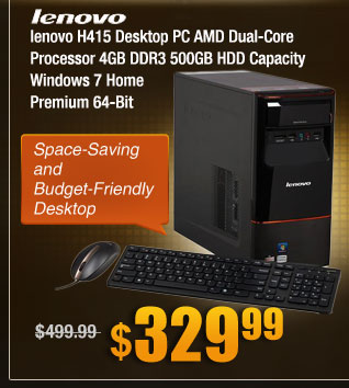 lenovo H415 Desktop PC AMD Dual-Core Processor 4GB DDR3 500GB HDD Capacity Windows 7 Home Premium 64-Bit 