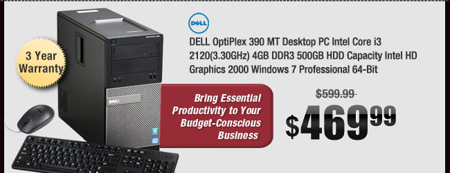 DELL OptiPlex 390 MT Desktop PC Intel Core i3 2120(3.30GHz) 4GB DDR3 500GB HDD Capacity Intel HD Graphics 2000 Windows 7 Professional 64-Bit 