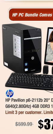 HP Pavilion p6-2112b 20" Desktop PC Pentium G640(2.80GHz) 4GB DDR3 1TB HDD Capacity