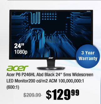 Acer P6 P246HL Abd Black 24" 5ms Widescreen LED Monitor200 cd/m2 ACM 100,000,000:1 (600:1) 