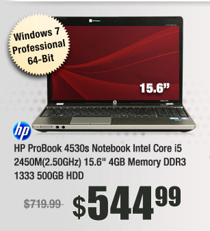 HP ProBook 4530s Notebook Intel Core i5 2450M(2.50GHz) 15.6" 4GB Memory DDR3 1333 500GB HDD 