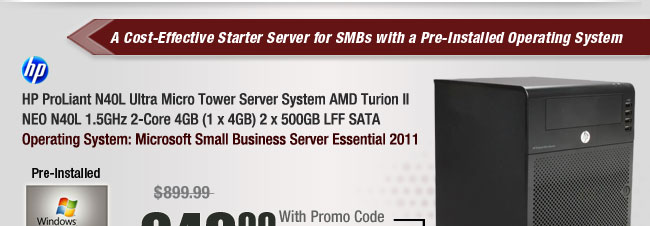 HP ProLiant N40L Ultra Micro Tower Server System AMD Turion II NEO N40L 1.5GHz 2-Core 4GB (1 x 4GB) 2 x 500GB LFF SATA 