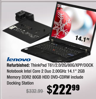 Refurbished: ThinkPad T61/2.0/2G/80G/XPP/DOCK Notebook Intel Core 2 Duo 2.00GHz 14.1" 2GB Memory DDR2 80GB HDD DVD-CDRW include Docking Station 