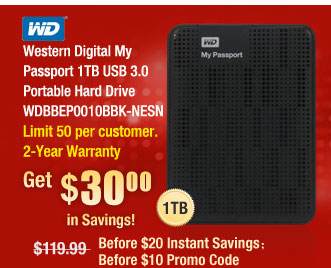 Western Digital My Passport 1TB USB 3.0 Portable Hard Drive WDBBEP0010BBK-NESN