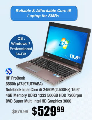 HP ProBook 6560b (A7J97UT#ABA) Notebook Intel Core i5 2450M(2.50GHz) 15.6" 4GB Memory DDR3 1333 500GB HDD 7200rpm DVD Super Multi Intel HD Graphics 3000 