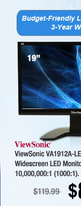 ViewSonic VA1912A-LED Black 19" 5ms Widescreen LED Monitor 250 cd/m2 DC 10,000,000:1 (1000:1) 