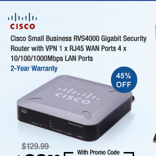 Cisco Small Business RVS4000 Gigabit Security Router with VPN 1 x RJ45 WAN Ports 4 x 10/100/1000Mbps LAN Ports 