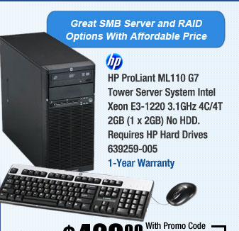 HP ProLiant ML110 G7 Tower Server System Intel Xeon E3-1220 3.1GHz 4C/4T 2GB (1 x 2GB) No HDD. Requires HP Hard Drives 639259-005 