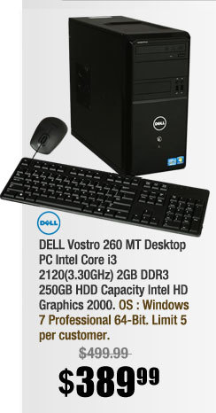 DELL Vostro 260 MT Desktop PC Intel Core i3 2120(3.30GHz) 2GB DDR3 250GB HDD Capacity Intel HD Graphics 2000 