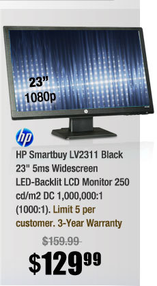 HP Smartbuy LV2311 Black 23" 5ms Widescreen LED-Backlit LCD Monitor 250 cd/m2 DC 1,000,000:1 (1000:1) 