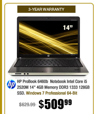 HP ProBook 6460b  Notebook Intel Core i5 2520M 14" 4GB Memory DDR3 1333 128GB SSD 