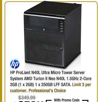 HP ProLiant N40L Ultra Micro Tower Server System AMD Turion II Neo N40L 1.5GHz 2-Core 2GB (1 x 2GB) 1 x 250GB LFF SATA 