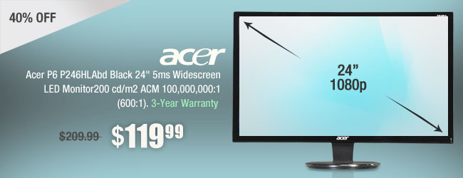 Acer P6 P246HLAbd Black 24" 5ms Widescreen LED Monitor200 cd/m2 ACM 100,000,000:1 (600:1)