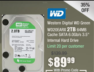 Western Digital WD Green WD20EARX 2TB 64MB Cache SATA 6.0Gb/s 3.5" Internal Hard Drive