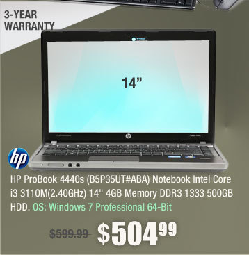 HP ProBook 4440s (B5P35UT#ABA) Notebook Intel Core i3 3110M(2.40GHz) 14" 4GB Memory DDR3 1333 500GB HDD