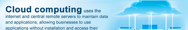 Cloud computing uses the internet and central remote servers to maintain data and applications, allowing businesses to use applications without installation and access their personal files at any computer with internet access. This technology allows for much more efficient computing and reduced hardware costs by centralizing storage, memory, processing and bandwidth.