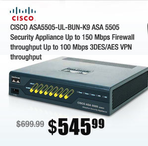  CISCO ASA5505-UL-BUN-K9 ASA 5505 Security Appliance Up to 150 Mbps Firewall throughput Up to 100 Mbps 3DES/AES VPN throughput 