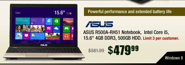 ASUS R500A-RH51 Notebook,  Intel Core i5, 15.6" 4GB DDR3, 500GB HDD