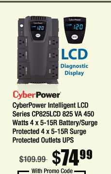 CyberPower Intelligent LCD Series CP825LCD 825 VA 450 Watts 4 x 5-15R Battery/Surge Protected 4 x 5-15R Surge Protected Outlets UPS