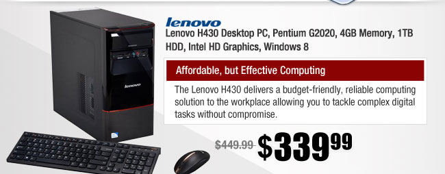 Lenovo H430 Desktop PC, Pentium G2020, 4GB Memory, 1TB HDD, Intel HD Graphics, Windows 8