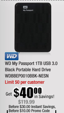 WD My Passport 1TB USB 3.0 Black Portable Hard Drive WDBBEP0010BBK-NESN