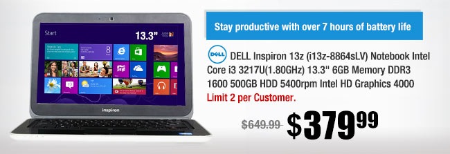 DELL Inspiron 13z (i13z-8864sLV) Notebook Intel Core i3 3217U(1.80GHz) 13.3" 6GB Memory DDR3 1600 500GB HDD 5400rpm Intel HD Graphics 4000 