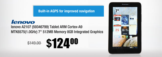 lenovo A2107 (59346799) Tablet ARM Cortex-A9 MTK6575(1.0GHz) 7" 512MB Memory 8GB Integrated Graphics 