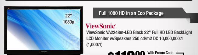 ViewSonic VA2248m-LED Black 22" Full HD LED BackLight LCD Monitor w/Speakers 250 cd/m2 DC 10,000,000:1 (1,000:1) 