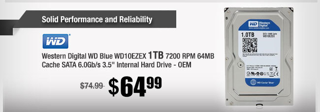 Western Digital WD Blue WD10EZEX 1TB 7200 RPM 64MB Cache SATA 6.0Gb/s 3.5" Internal Hard Drive - OEM 