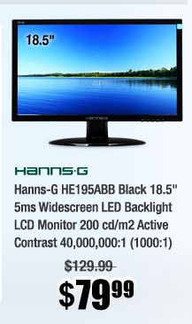 Hanns-G HE195ABB Black 18.5" 5ms Widescreen LED Backlight LCD Monitor 200 cd/m2 Active Contrast 40,000,000:1 (1000:1) 