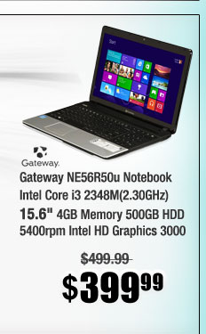 Gateway NE56R50u Notebook Intel Core i3 2348M(2.30GHz) 15.6" 4GB Memory 500GB HDD 5400rpm Intel HD Graphics 3000 