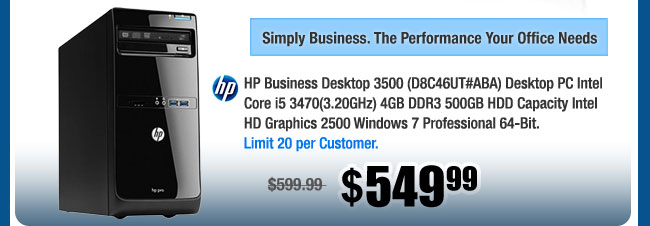 HP Business Desktop 3500 (D8C46UT#ABA) Desktop PC Intel Core i5 3470(3.20GHz) 4GB DDR3 500GB HDD Capacity Intel HD Graphics 2500 Windows 7 Professional 64-Bit