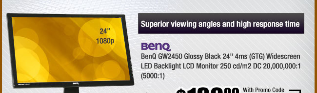 BenQ GW2450 Glossy Black 24" 4ms (GTG) Widescreen LED Backlight LCD Monitor 250 cd/m2 DC 20,000,000:1 (5000:1) 