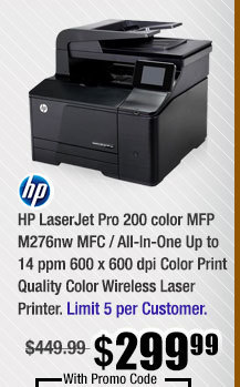 HP LaserJet Pro 200 color MFP M276nw MFC / All-In-One Up to 14 ppm 600 x 600 dpi Color Print Quality Color Wireless Laser Printer 