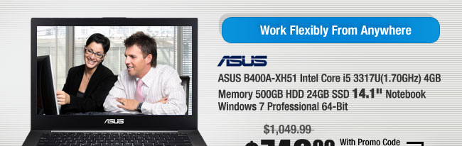 ASUS B400A-XH51 Intel Core i5 3317U(1.70GHz) 4GB Memory 500GB HDD 24GB SSD 14.1" Notebook Windows 7 Professional 64-Bit 