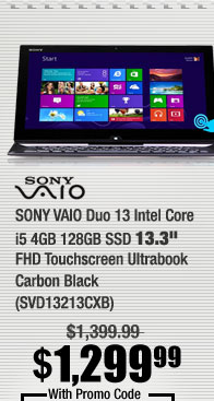 SONY VAIO Duo 13 Intel Core i5 4GB 128GB SSD 13.3" FHD Touchscreen Ultrabook Carbon Black (SVD13213CXB) 