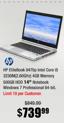 HP EliteBook 8470p Intel Core i5 3230M(2.60GHz) 4GB Memory 500GB HDD 14" Notebook Windows 7 Professional 64-bit 