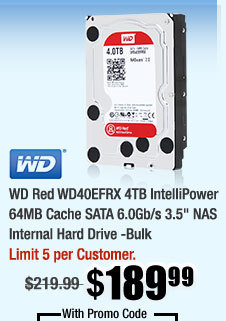 WD Red WD40EFRX 4TB IntelliPower 64MB Cache SATA 6.0Gb/s 3.5" NAS Internal Hard Drive -Bulk