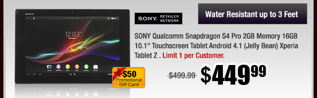 SONY Qualcomm Snapdragon S4 Pro 2GB Memory 16GB 10.1" Touchscreen Tablet Android 4.1 (Jelly Bean) Xperia Tablet Z .