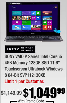 SONY VAIO P Series Intel Core i5 4GB Memory 128GB SSD 11.6" Touchscreen Ultrabook Windows 8 64-Bit SVP11213CXB