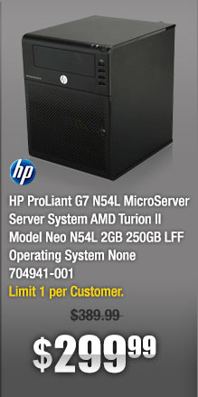 HP ProLiant G7 N54L MicroServer Server System AMD Turion II Model Neo N54L 2GB 250GB LFF Operating System None 704941-001