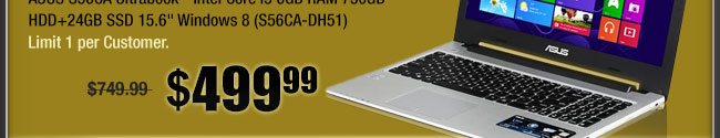 ASUS S56CA Ultrabook - Intel Core i5 6GB RAM 750GB HDD+24GB SSD 15.6" Windows 8 (S56CA-DH51)