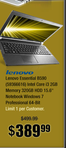 Lenovo Essential B590 (59366616) Intel Core i3 2GB Memory 320GB HDD 15.6" Notebook Windows 7 Professional 64-Bit