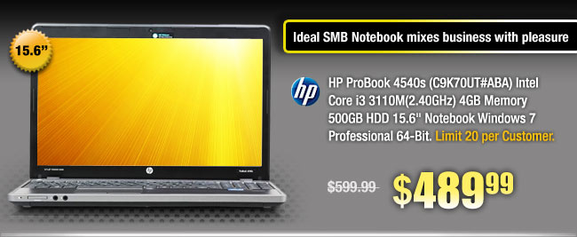 HP ProBook 4540s (C9K70UT#ABA) Intel Core i3 3110M(2.40GHz) 4GB Memory 500GB HDD 15.6" Notebook Windows 7 Professional 64-Bit