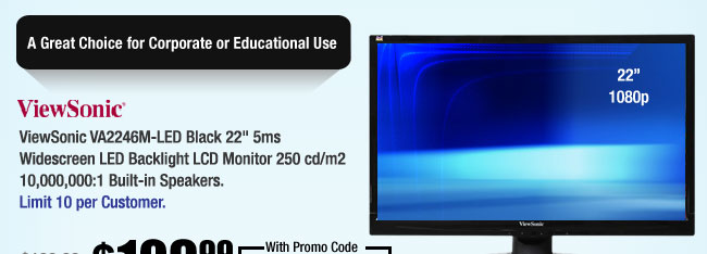 ViewSonic VA2246M-LED Black 22" 5ms Widescreen LED Backlight LCD Monitor 250 cd/m2 10,000,000:1 Built-in Speakers