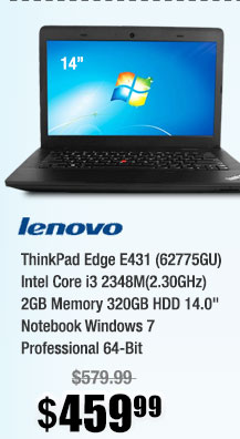 ThinkPad Edge E431 (62775GU) Intel Core i3 2348M(2.30GHz) 2GB Memory 320GB HDD 14.0" Notebook Windows 7 Professional 64-Bit