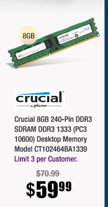 Crucial 8GB 240-Pin DDR3 SDRAM DDR3 1333 (PC3 10600) Desktop Memory Model CT102464BA1339