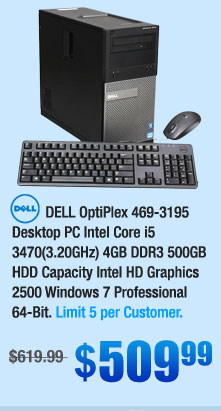 DELL OptiPlex 469-3195 Desktop PC Intel Core i5 3470(3.20GHz) 4GB DDR3 500GB HDD Capacity Intel HD Graphics 2500 Windows 7 Professional 64-Bit