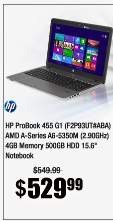 HP ProBook 455 G1 (F2P93UT#ABA) AMD A-Series A6-5350M (2.90GHz) 4GB Memory 500GB HDD 15.6" Notebook Windows 7 Professional 64-bit (with Win8 Pro License)