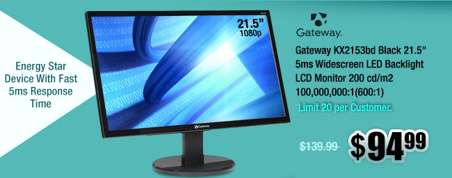 Gateway KX2153bd Black 21.5" 5ms Widescreen LED Backlight LCD Monitor
